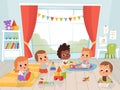 Children playing room. Little new born or 1 years baby with toys indoors vector kids characters Royalty Free Stock Photo