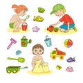 Children playing with sand on the beach with toys. Kid\'s summer activities. Set of images. Vector cartoon illustrations Royalty Free Stock Photo