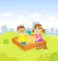 Children playing in the sandbox, boy and girl in city park. Cityscape with skyscrapers and blue sky, friends spending