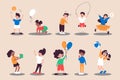 Children playing set in flat design. Boys and girls with balls, cube, balloons, eats candy or drinks. Bundle of diverse people and Royalty Free Stock Photo