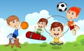 Children playing skateboard, basketball, jumping rope, soccer in the park cartoon vector illustration Royalty Free Stock Photo