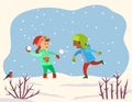 Two Children Playing Snowballs in Park or Forest Royalty Free Stock Photo