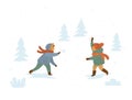 Children playing snowball fights isolated vector illustration