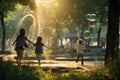 Children playing with soap bubbles in the park at sunset. Kids having fun outdoors, Children running after a soap bubble in an Royalty Free Stock Photo