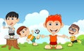 Children playing soccer, eating ice cream, running in the park cartoon Royalty Free Stock Photo