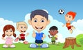 Children playing soccer, eating ice cream, running, in the park cartoon vector illustration Royalty Free Stock Photo