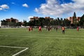 Children playing a soccer game of juvenile category