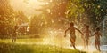 Children playing in sprinkler on sunny day Royalty Free Stock Photo