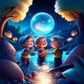 Children playing in the stream at night, cartoon vector illustration, horizontal AI Generated