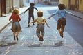 Children playing in the street in the 1960s and 1970s. Chalk drawn games on the road. Neighborhood games Royalty Free Stock Photo