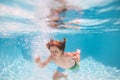Children playing in swimming pool. Child swim under water in sea. Kid swimming in pool underwater. Happy boy swims in Royalty Free Stock Photo