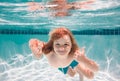 Children playing in swimming pool. Young boy swim and dive underwater. Under water portrait in swim pool. Child boy Royalty Free Stock Photo