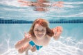 Children playing in swimming pool. Young boy swim and dive underwater. Under water portrait in swim pool. Child boy Royalty Free Stock Photo