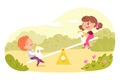 Children playing on swing in park, playground or backyard. Happy kids doing outdoor summer activities vector Royalty Free Stock Photo