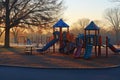 Children playing on swings, slides, and climbing structures in a park as the sun sets in the background, A playground at dawn with Royalty Free Stock Photo