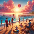 Children playing with their parents at the beach, photorealist Royalty Free Stock Photo