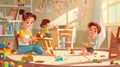 Children playing toy indoors in a messy kid's room cartoon modern. Preschooler with untidy nursery and mother. Baby Royalty Free Stock Photo