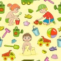 Children playing with toys on the beach, in the sandbox. Kid\'s summer activities. seamless pattern Royalty Free Stock Photo