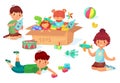 Children playing with toys. Boy holding rocket in hands, guy with bricks. Girl playing with airplane
