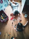 Children playing toys on the floors. Top view Royalty Free Stock Photo