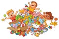 Children playing with toys. Girl and a boy have fun jumping in a heap of various toys Royalty Free Stock Photo