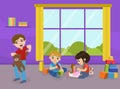 Children Playing with Toys in Playroom of Kindergarten, Aggressive Bully Boy Breaking Toys, Bad Behavior Vector