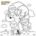 Children playing on a tree. Vector black and white coloring page. Royalty Free Stock Photo