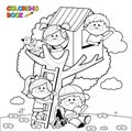 Children playing in a tree house. Vector black and white coloring page. Royalty Free Stock Photo