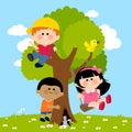 Children playing on a tree. Vector illustration