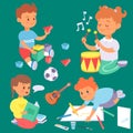 Children playing vector different types of home games little kids play summer outdoor active leisure childhood activity. Royalty Free Stock Photo