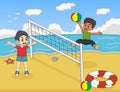 Children playing volleyball on the beach cartoon vector illustration Royalty Free Stock Photo