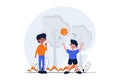 Children playing web concept with character scene. Cute boys play basketball with ball, walk together in park. People situation in Royalty Free Stock Photo