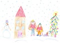 Children playing in winter, sleigh ride Royalty Free Stock Photo