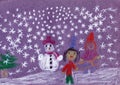 Children Playing at Winter with Snowman Kindergarden Artwork