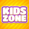 Children playroom decoration. Logo of playing game areas with text Kid zone, cartoon vector background