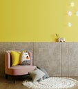 Children playroom with yellow wall and kids armchair, children room interior mock up with soft toys and pillows, 3d rendering Royalty Free Stock Photo