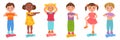 Children pointing body parts. Little boys or girls show hand, leg and tummy. Cartoon kids characters demonstrate heads