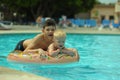 Children at pool, happiness and joy. Two brothers having fun swimming ring Royalty Free Stock Photo