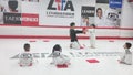 The children practice Taekwondo in the professional Taekwondo Hall under the guidance of the coach