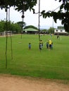 Children practicing soccer on a court in Puerto Ordaz city, Venezuela
