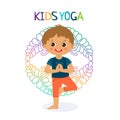 Children Practicing Yoga. Flat Kid Yoga Logo On White Background.