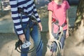 Children prepare for a bungee jump, put on safety belts Royalty Free Stock Photo