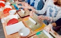 Children prepare sushi and rolls. Master-class restaurant.