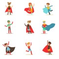 Children Pretending To Have Super Powers Dressed In Superhero Costumes With Capes And Masks Collection Of Smiling