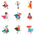 Children Pretending To Have Super Powers Dressed In Superhero Costumes With Capes And Masks Set Of Smiling Characters Royalty Free Stock Photo