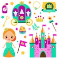 Children princess party design elements. Stickers, clip art for girls. Carriage, castle, rainbow and other fairy symbols