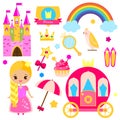 Children princess party design elements. Stickers, clip art for girls. Carriage, castle, rainbow and other fairy symbols