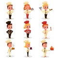 Children Professional Chefs Characters Cooking Tasty Dishes Set, Cute Boys and Girls in Uniform and Hat with Kitchen