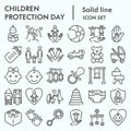 Children protection day line icon set, baby stuff symbols collection, vector sketches, logo illustrations, kids care Royalty Free Stock Photo