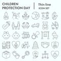 Children protection day thin line icon set, baby stuff symbols collection, vector sketches, logo illustrations, kids Royalty Free Stock Photo